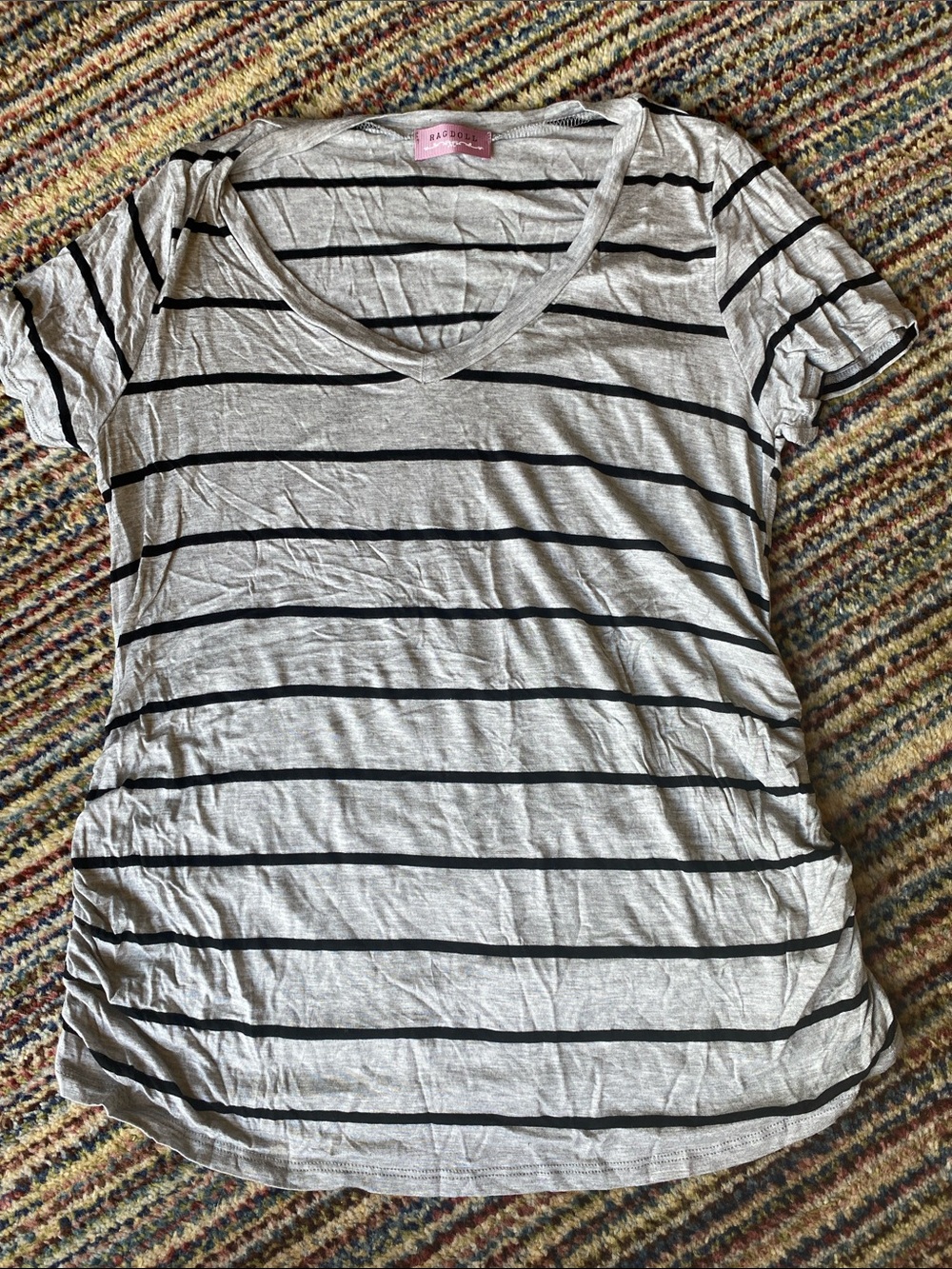 Ragdoll maternity Gray and Black Striped V-Neck Tee with ruched sides